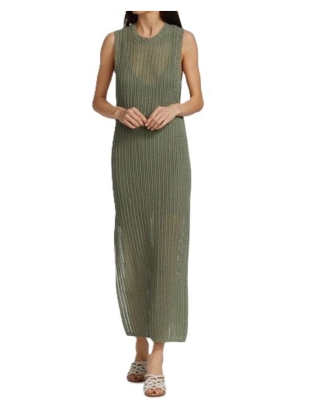 Rag & Bone Olive Green Open Knit Maxi Dress Size L Sleeveless Crochet Mesh